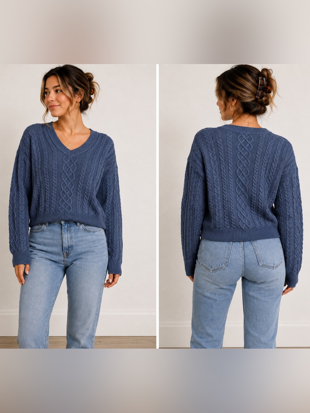 Aeropostale Cable Knit V-Neck Sweater Blue Gray Size Medium Cozy Cottagecore